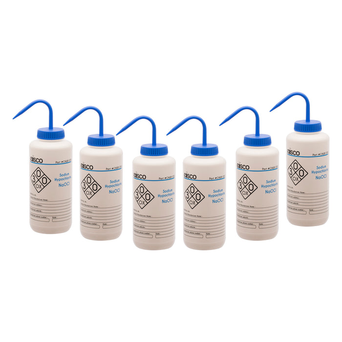 6PK Wash Bottle for Sodium Hypochlorite (Bleach), 1000ml - Color Coded Chemical & Safety Information (2 Color)  - Wide Mouth, Self Venting, LDPE - Performance Plastics by Eisco Labs