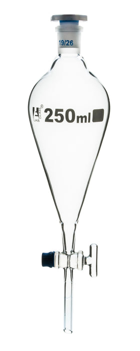 Dropping Funnel, 250mL - Squibb - With 19/26 Plastic Stopper & Glass Key Stopcock - Borosilicate Glass