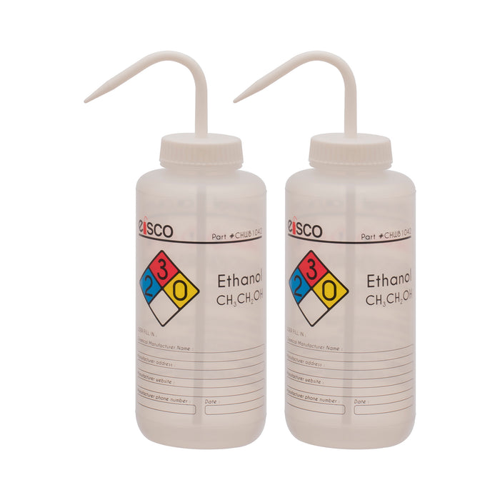 2PK Wash Bottle for Ethanol, 1000ml - Labeled with Color Coded Chemical & Safety Information (4 Colors) - Wide Mouth, Self Venting, Low Density Polyethylene - Performance Plastics by Eisco Labs