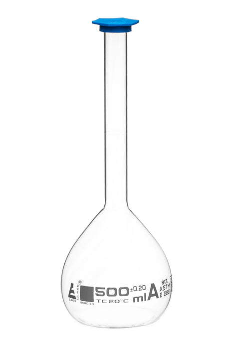 Volumetric Flask, 500ml - Class A, ASTM - Includes Snap Cap - Borosilicate Glass