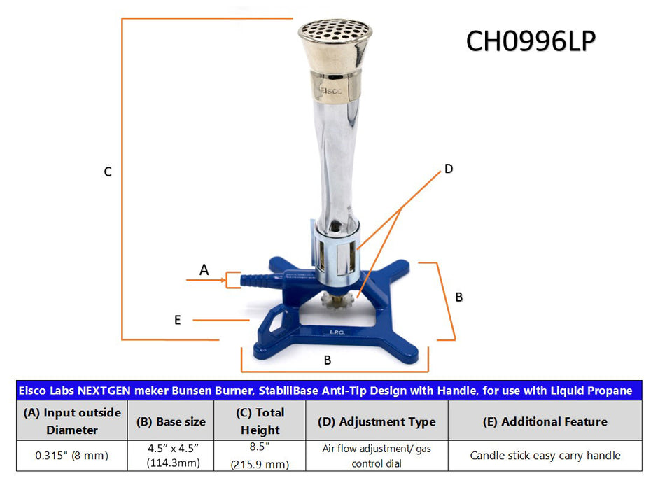 Premium Meker Bunsen Burner, LPG - StabiliBase