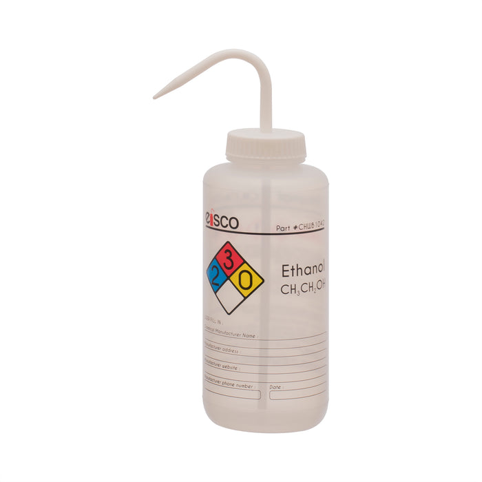Wash Bottle for Ethanol, 1000ml - Labeled with Color Coded Chemical & Safety Information (4 Colors) - Wide Mouth, Self Venting, Low Density Polyethylene - Performance Plastics by Eisco Labs