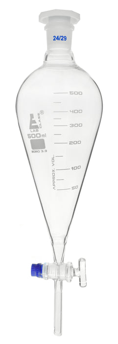 Dropping Funnel, 500mL - Squibb, Graduated - With 24/29 Plastic Stopper & Glass Key Stopcock - Borosilicate Glass