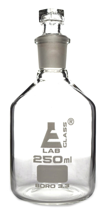 Reagent Bottle, 250mL - Clear - Narrow Neck - With Interchangeable Hexagonal Glass Stopper - Borosilicate Glass