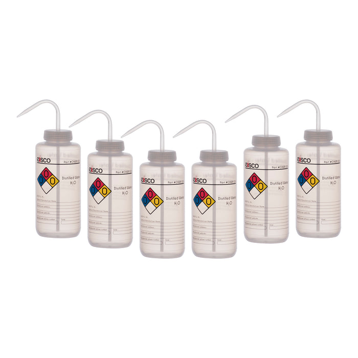 6PK Wash Bottle for Distilled Water, 1000ml - Color Coded Chemical & Safety Information (4 Colors) - Wide Mouth, Self Venting, Low Density Polyethylene - Performance Plastics by Eisco Labs