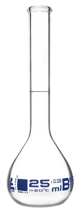 Volumetric Flask, 25ml - Class B Tolerance Â±0.08ml - Beaded Rim - Single Graduation - Borosilicate Glass - Eisco Labs