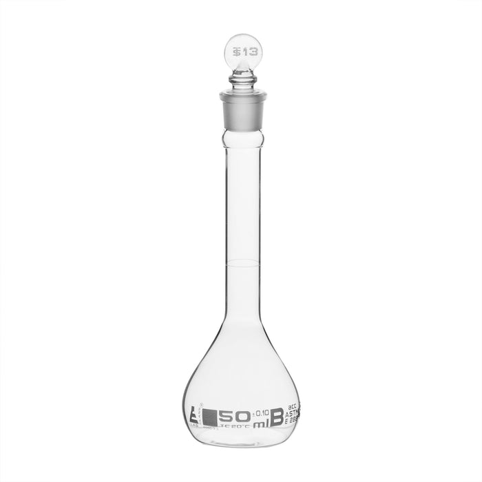 Volumetric Flask, 50ml - Fitted with Solid Glass Stopper - Class B, Tolerance ±0.10 ml - White Graduation Mark - Borosilicate Glass - Eisco Labs