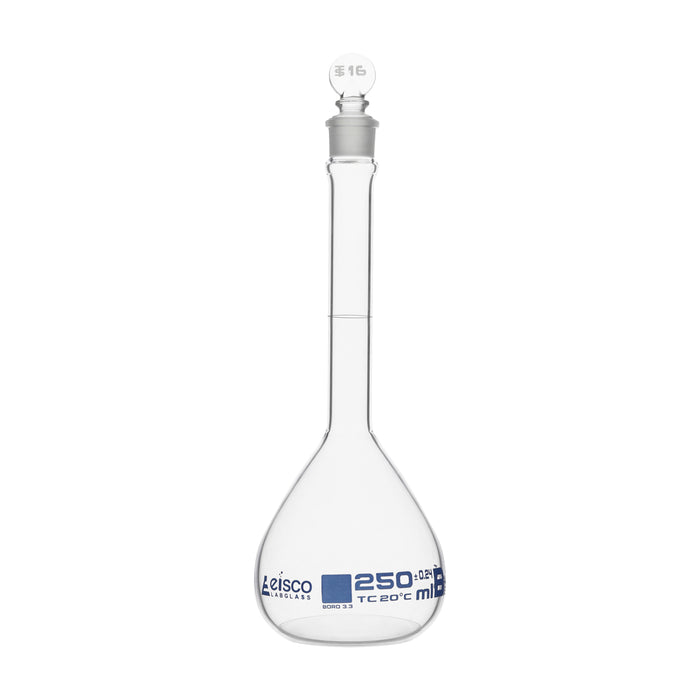 Volumetric Flask, 250ml - Class B, ASTM - Tolerance ±0.240 ml - Glass Stopper - Single, Blue Graduation