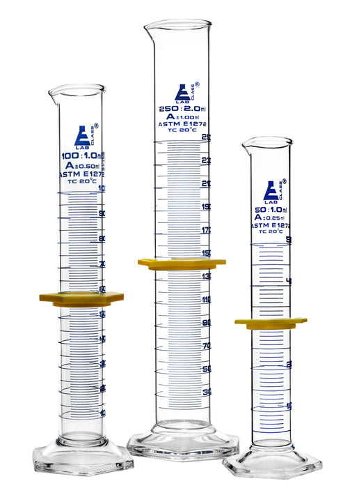 Premium Graduated Cylinder Set - 50mL, 100mL & 250mL - ASTM Class A - Protective Collars - Hexagonal Base - Blue Graduations - Borosilicate Glass