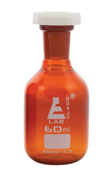Reagent Bottle, 60mL - Amber - With Acid-Proof Polypropylene Stopper - Borosilicate Glass