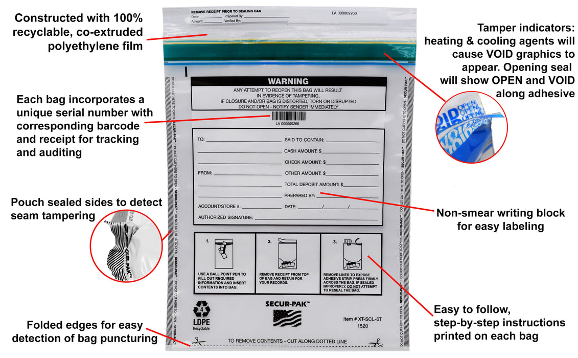 Secur-Pak Deposit Bags - Pack of 100 - Bill Capacity, 6,000 - Premium, Level 4 Security Tamper Evident, Clear Security Bags - Self Sealing, Transparent 2.5 Mil Plastic - 15" x 20" - SECUR-PAK