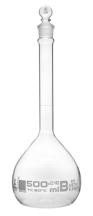 Volumetric Flask, 500ml - Fitted with Solid Glass Stopper - Class B, Tolerance ±0.400 ml - White Graduation Mark - Borosilicate Glass - Eisco Labs
