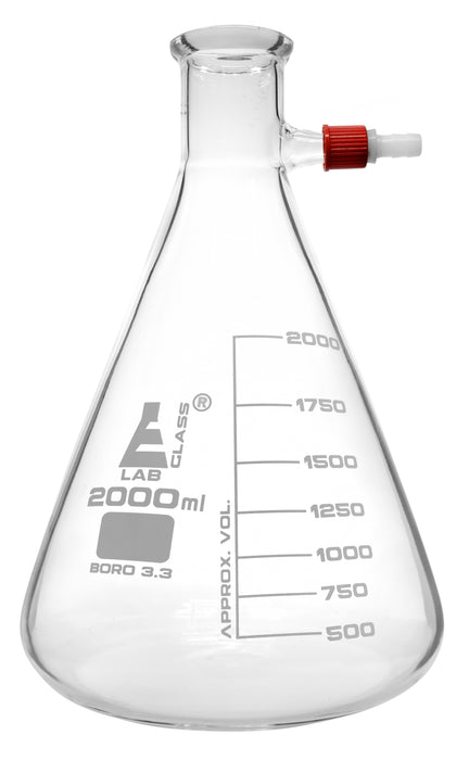 Filtering Flask, 2000ml - Conical Shape, with Integral Plastic Screw Thread Side Arm - White Graduations - Borosilicate Glass - Eisco Labs