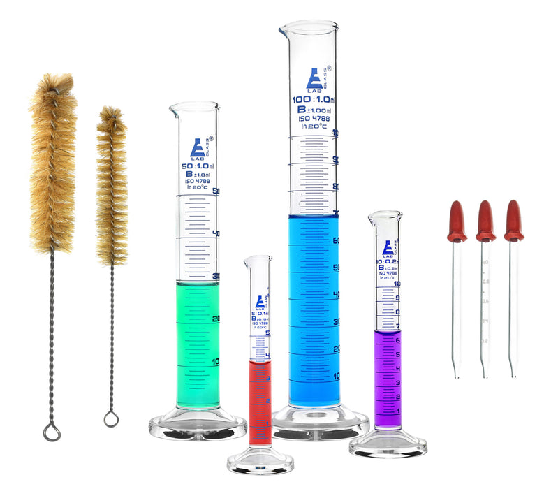 Graduated Cylinders, Cleaning Brushes, and Glass Droppers 9 Piece Set - Class B - 5mL, 10mL, 50mL, 100mL - Borosilicate Glass