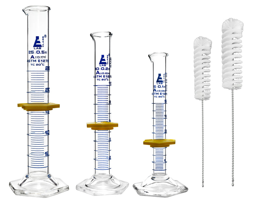 Graduated Cylinders & Cleaning Brushes - 5 Piece Set - ASTM Class A - 5mL, 10mL, 25mL - Blue Graduations - 2 Nylon Bristle Brushes - Borosilicate Glass