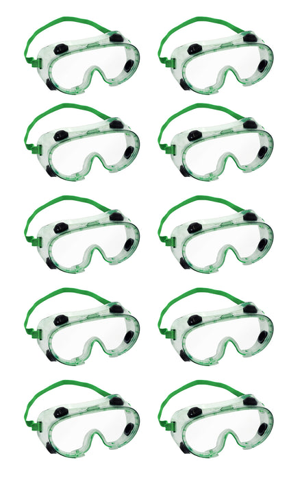 10PK Safety Goggles - Indirectly Vented, Anti-Fog - Adjustable Fit