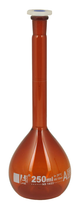 Volumetric Flask, 250ml - Class A - 14/23 Polypropylene Stopper, Borosilicate Glass, Amber - White Graduation Mark, Tolerance ±0.150 ml - Eisco Labs