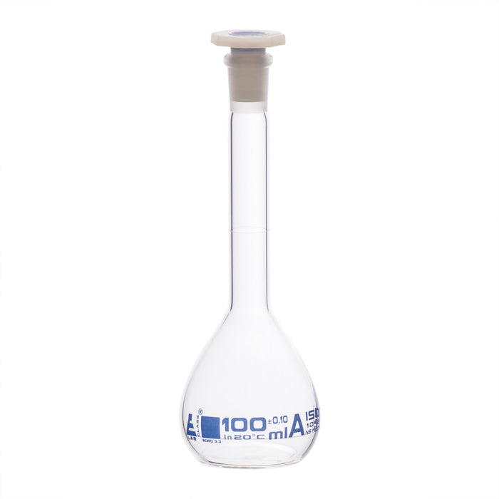 Volumetric Flask, 100ml - Class A - 14/23 Polyethylene Stopper, Borosilicate Glass - Blue Graduation, Tolerance ±0.100
