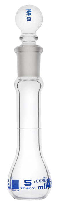 Volumetric Flask, 5ml - Fitted with Solid Glass Stopper - ASTM E288 - Class A, Tolerance ±0.020 ml - Blue Graduation Mark - Borosilicate Glass - Eisco Labs