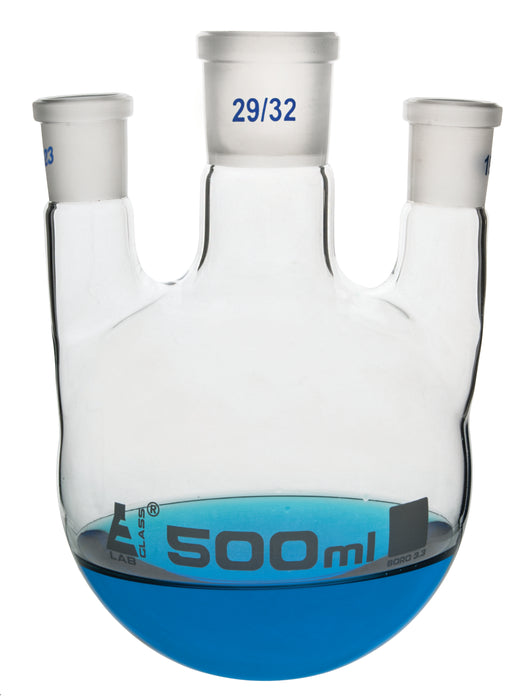 Distilling Flask, 500ml - Three Necks, Parallel - Center Socket Size 29/32, Side Sockets Size 14/23 - Round Bottom - Borosilicate Glass - Eisco Labs