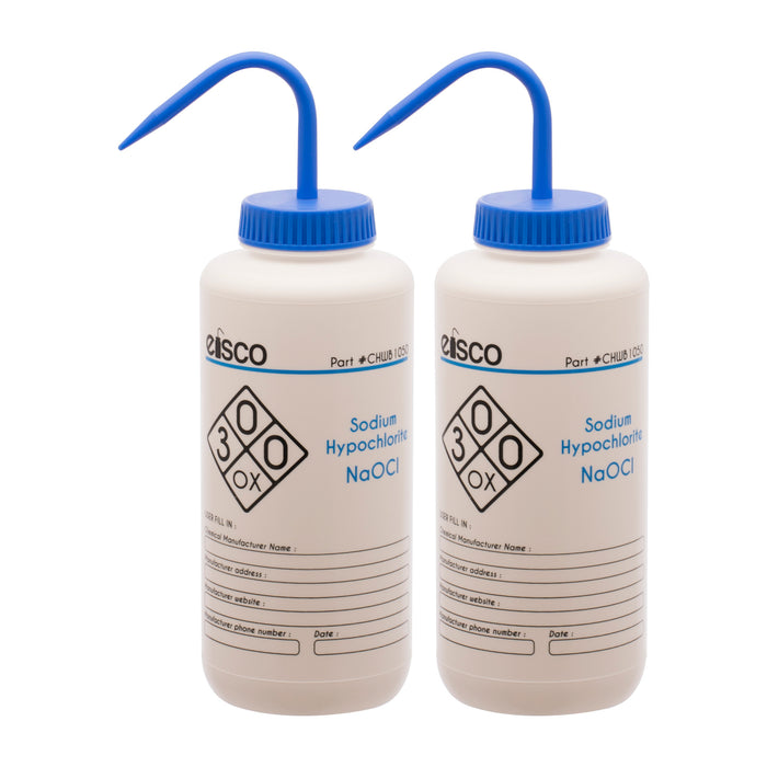 2PK Wash Bottle for Sodium Hypochlorite (Bleach), 1000ml - Labeled with Color Coded Chemical & Safety Information (2 Color)  - Wide Mouth, Self Venting, LDPE - Performance Plastics by Eisco Labs