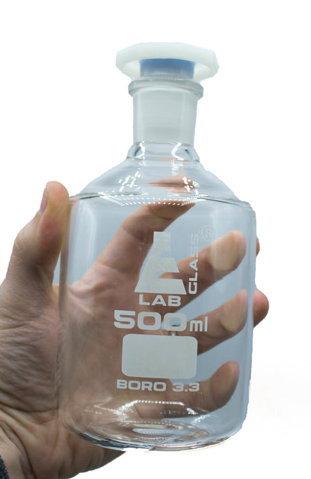 Reagent Bottle, 500mL - Clear - With Acid-Proof Polypropylene Stopper - Borosilicate Glass