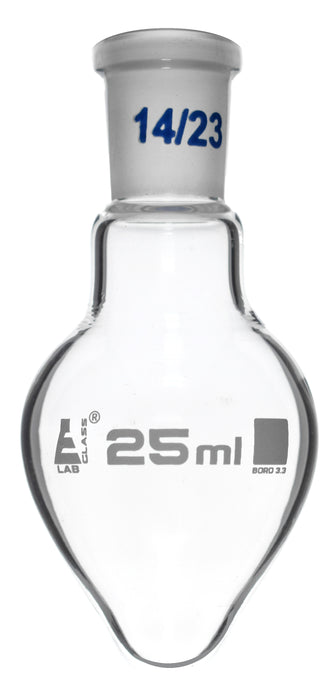 Boiling Flask with Joint, 25ml - Socket Size 14/23 - Pear Shape, Short Neck - Interchangeable Joint - Borosilicate Glass - Eisco Labs