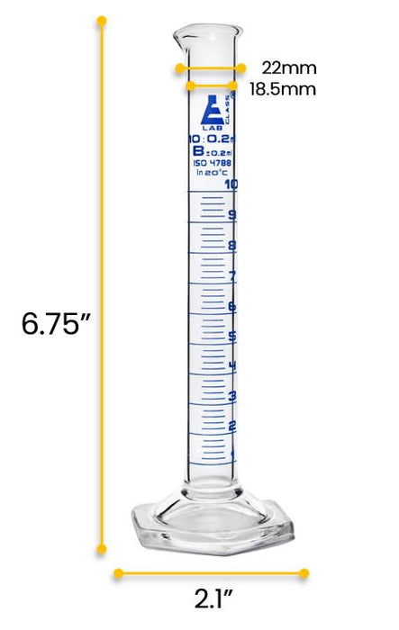 Graduated Cylinder, 10ml - Class B - Blue Graduations - Hexagonal Base