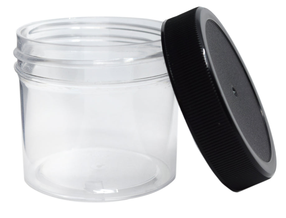 60ml (2oz) Clear Polystyrene Jar, Black Polypropylene Cap with Polyethylene Foam Liner - hBAR