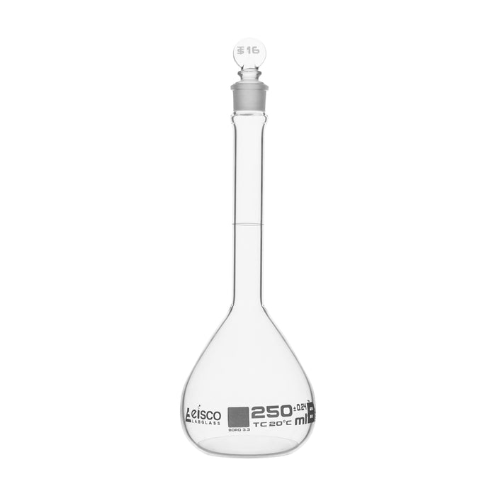 Volumetric Flask, 250ml - Fitted with Solid Glass Stopper - Class B, Tolerance ±0.24 ml - White Graduation Mark - Borosilicate Glass - Eisco Labs