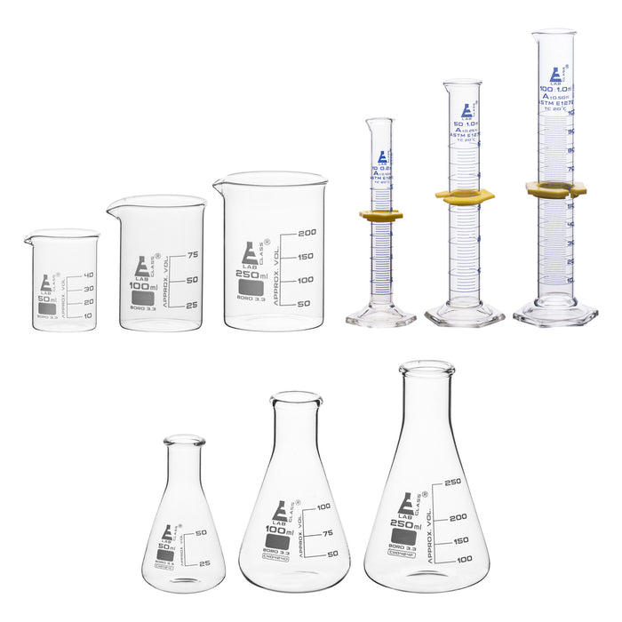Premium Glassware Set, 9 Pieces - Includes 3 Beakers, 3 Erlenmeyer Flasks & 3 ASTM Class A Graduated Cylinders - Borosilicate Glass