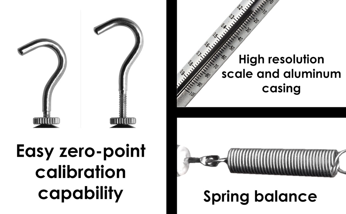 Economy Dynamometers, Aluminum - Set of 7 - 100g/1N, 250g/2.5N, 500g/5N, 1kg/10N, 2kg/20N, 3kg/30N, 5kg /50N - Color Coded, Calibration Capability - High Resolution Scale, Spring Balance - hBARSCI