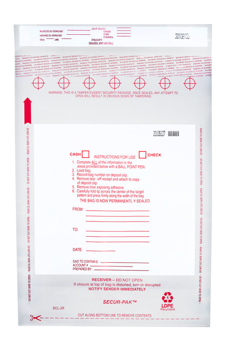 100pk Deposit Bags, 7"x10" Transparent, Tamper Resistant Closure with Serialized Numbers & Barcode - Secur-Pak