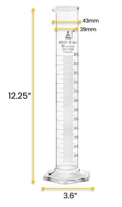Graduated Cylinder, 250ml - Class B - White Graduations - Hexagonal Base