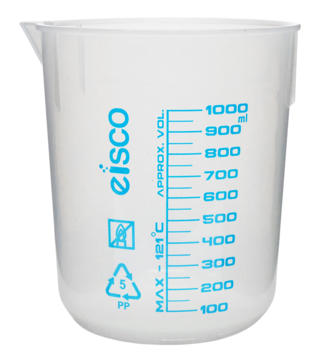 5 Piece Beaker Set, Polypropylene - 50ml, 100ml, 250ml, 600ml & 1000ml - Screen Printed Graduations - With Spout