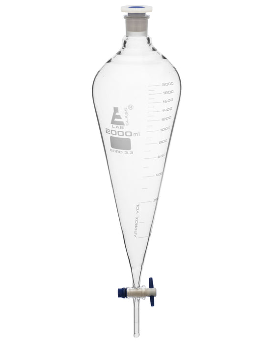 Dropping Funnel, 2000mL - Squibb, Graduated - With 29/32 Plastic Stopper & PTFE Key Stopcock - Borosilicate Glass