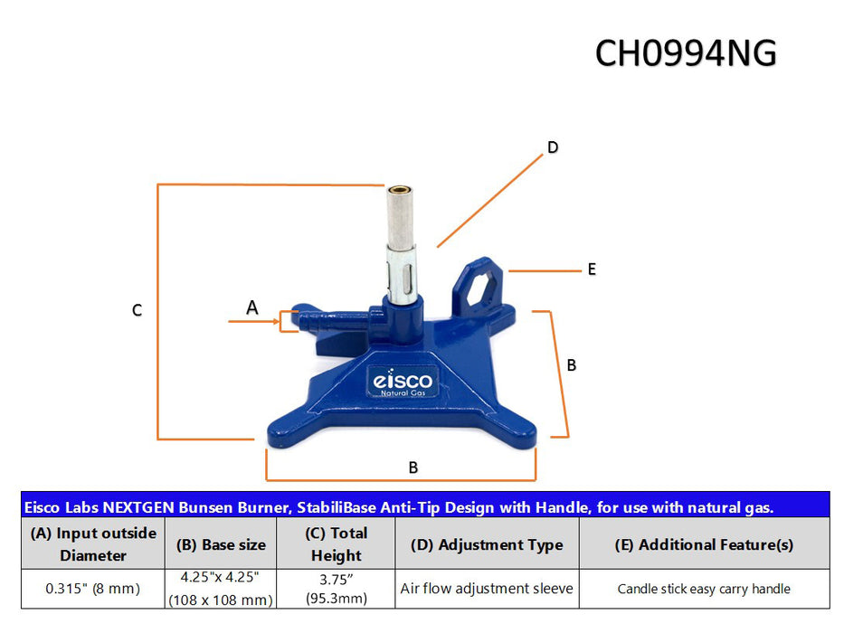 Micro Bunsen Burner, Natural Gas - StabiliBase, Anti-Tip Design - Eisco Labs
