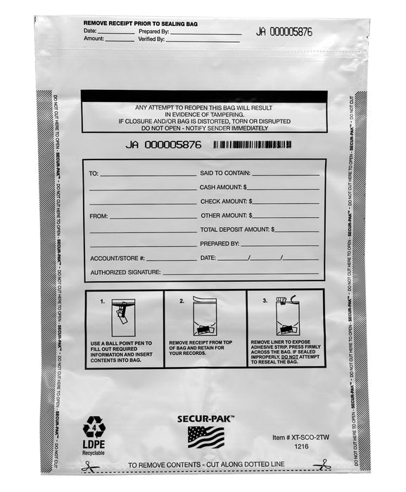 Secur-Pak Deposit Bags with Pocket - Pack of 100 - Premium, Level 4 Security Tamper Evident, White Security Bags - Self Sealing, Opaque 2.5 Mil Plastic - 12" x 16" - SECUR-PAK