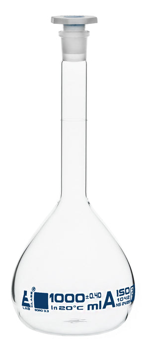 Volumetric Flask, 1000mL - Class A - Polypropylene Stopper - White Graduation - Individual Work Certificate - Borosilicate Glass