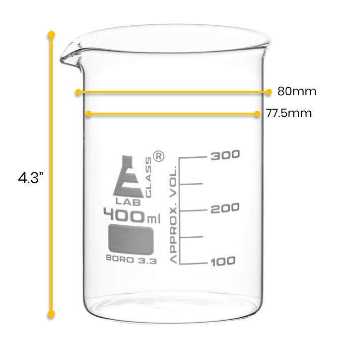 6PK Beakers, 400ml - Low Form - 50ml Graduations - Borosilicate Glass