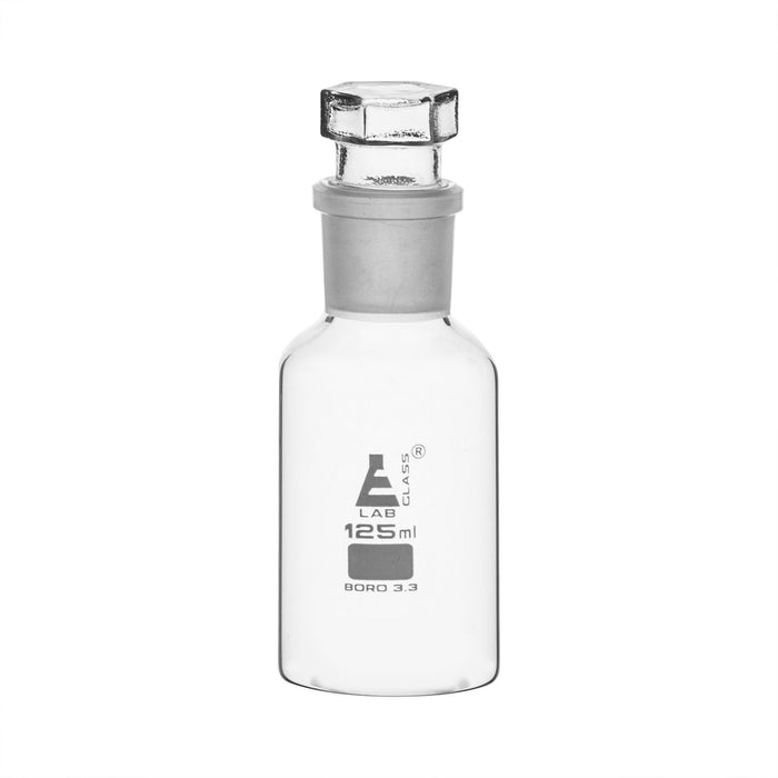 Reagent Bottle, 125mL - Clear - Wide Neck - With Interchangeable Hexagonal Glass Stopper - Borosilicate Glass