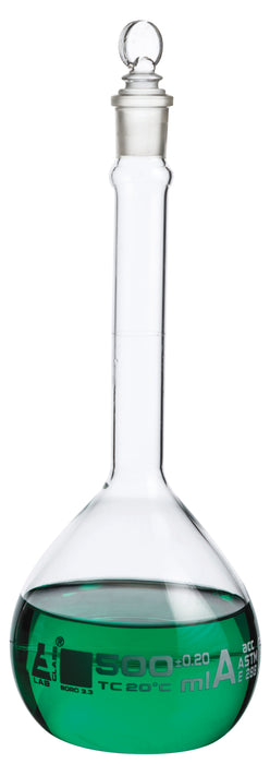 Volumetric Flask, 500ml - Class A, ASTM - Tolerance Â±0.200 ml - Glass Stopper - Single, White Graduation