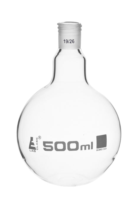 Boiling Flask with 19/26 Joint, 500ml Capacity, Flat Bottom, Interchangeable Screw Thread Joint, Borosilicate Glass - Eisco Labs