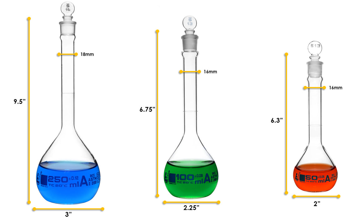 Premium Volumetric Flask Set - 50ml, 100ml & 250ml - Class A, ASTM E288 - Superior Durability & Chemical Resistance - Glass Penny Stoppers - Borosilicate 3.3 Glass - Eisco Labs