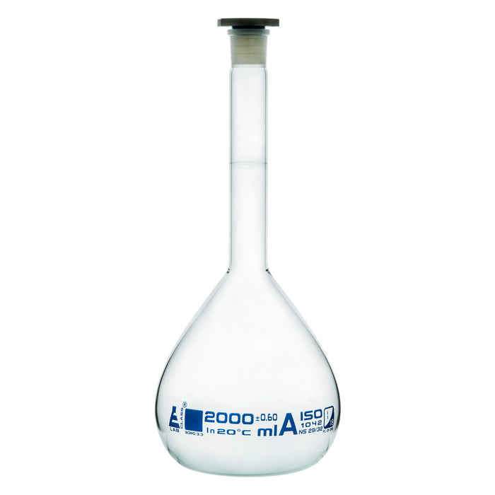 Volumetric Flask, 2000ml - Class A - 29/32 Polyethylene Stopper, Borosilicate Glass - Blue Graduation, Tolerance ±0.600