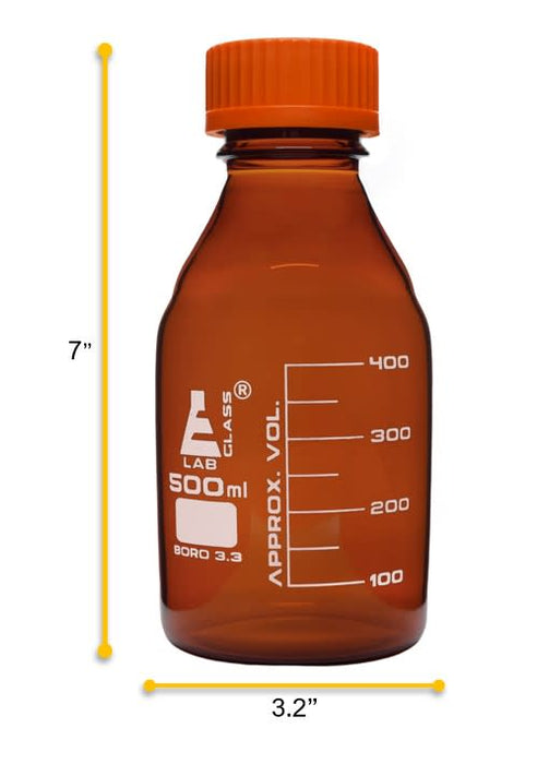 Reagent Bottle, 500ml - Amber - With Screw Cap - Borosilicate Glass