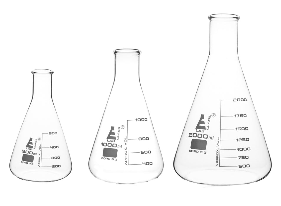 Set of 3 Erlenmeyer Flasks - Conical, Narrow Neck - 500mL, 1000mL, 2000mL - Borosilicate Glass - Eisco Labs
