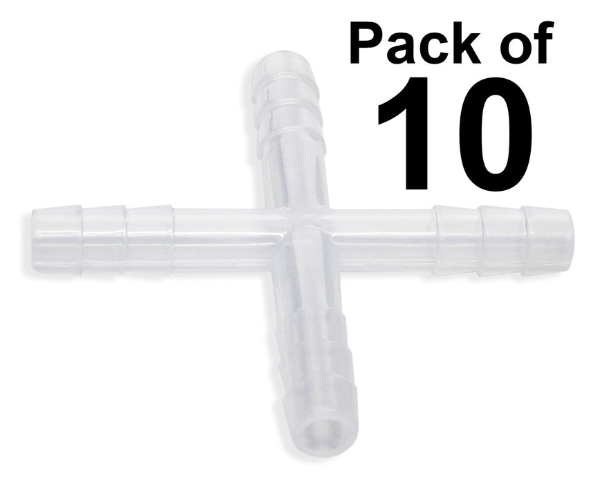 10PK Cross-Shaped, 4-Way, Barbed Tubing Connector, 10mm - Polypropylene - Eisco Labs