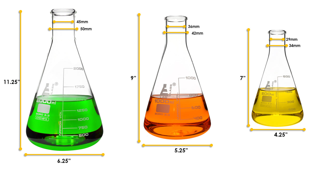 Premium Erlenmeyer Flask Set - 500ml, 1000ml & 2000ml - Narrow Neck, White Graduations - Superior Durability & Chemical Resistance - Borosilicate 3.3 Glass - Eisco Labs