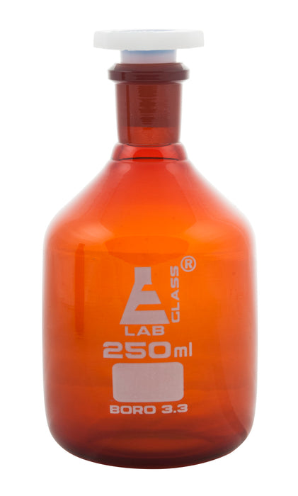 Reagent Bottle, 250mL - Amber - With Acid-Proof Polypropylene Stopper - Borosilicate Glass